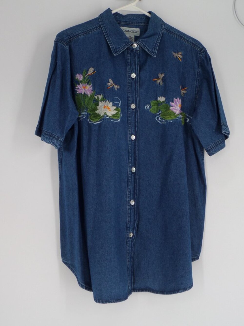 Cabin Creek Womans Short Sleeve Jean Blouse with Dragon Flies Size 16W NWOT